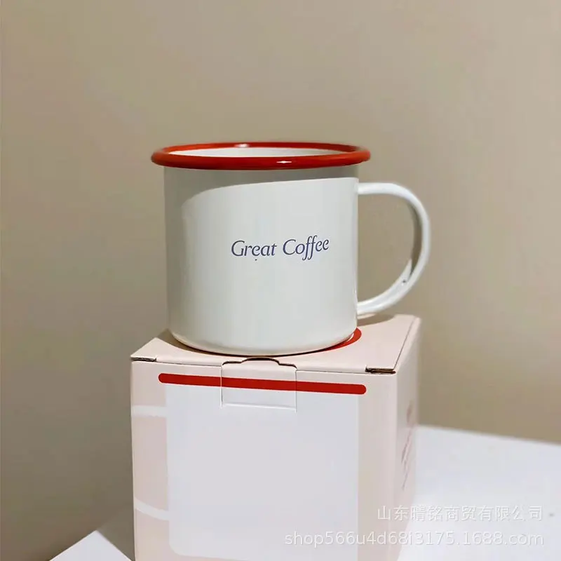 OEM 450ml 12oz 15oz cartoon design white blank enamel thermal sublimation camping coffee camp cup mug with handle