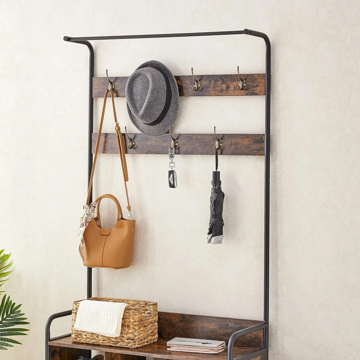 YQ Forever Freestanding Removable Metal Frame Hall Tree Shoe Hooks Hanging Rod Entryway Table Storage Coat Rack