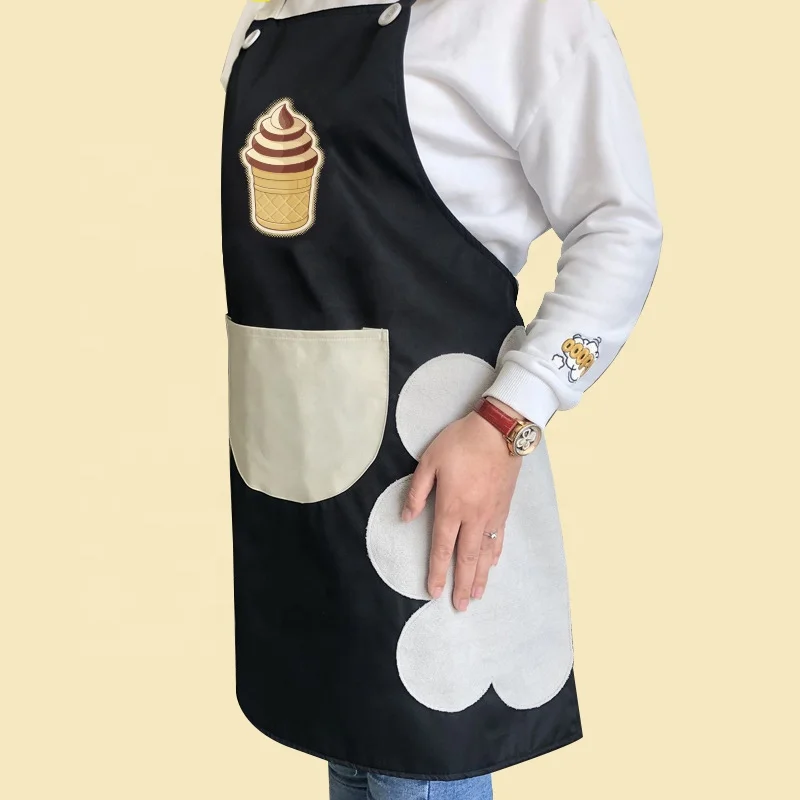 Convenient hand drying yellow cheap aprons custom short text Making ice cream working apron 1-large-pocket kitchen chef