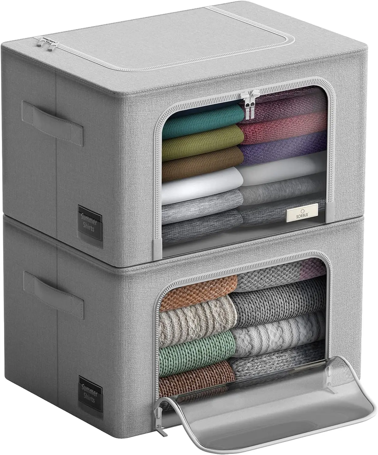 Grey Storage Bins with Metal Frame Foldable Box Oxford Fabric Storage Containers with Large Clear Window for Clothing