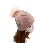 Winter Beanie Double Color Winter Knitted Beanie With Pink Raccoon Pompom Logo Hats Women Fleece Beanie Hat