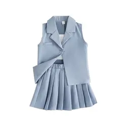 New trendy toddler girls dresses suits casual slip vest+sleeveless lapel coat+skirt boutique kids little girls clothing sets
