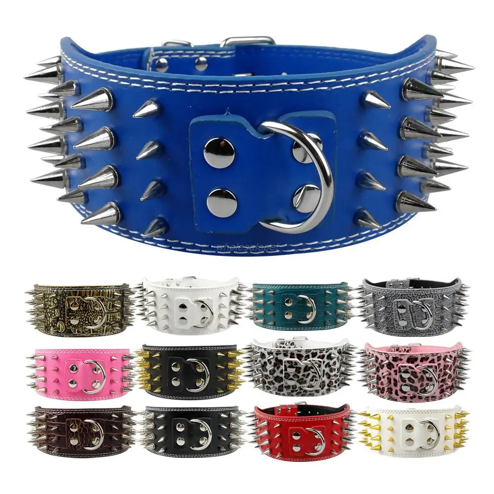 Pet Dog Collar Wide Spikes Studded Leather 3 Inch For Large Breeds Pitbull Doberman M L Xl Sizes