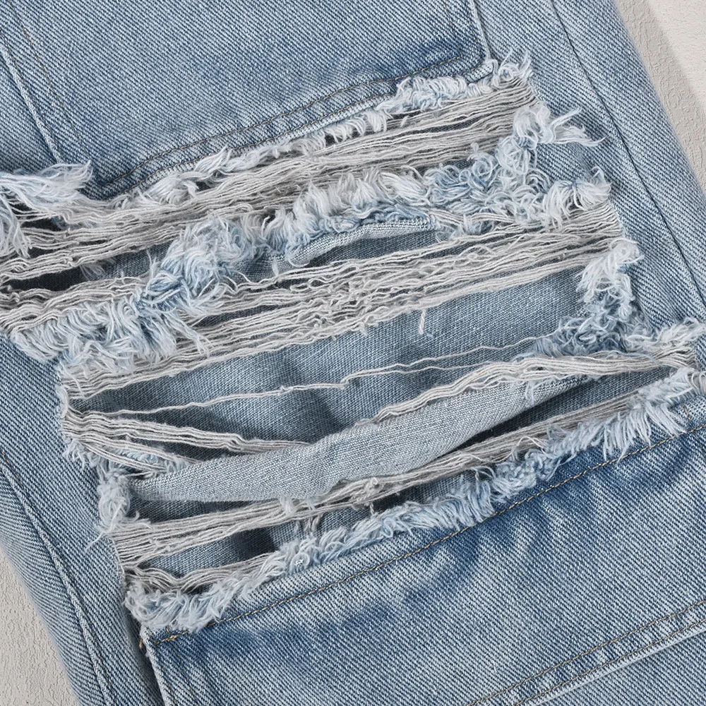 Fashion Pocket Stitching Hollowed-Out Hole Beggar Style Street Casual Straight High Waist Jeans factory