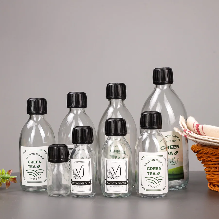 DIN 28 Syrup Bottle For Syrup Coffee Juice 30ml-500ml Transparent Cough Syrup Glass Bottles with tamper evident caps