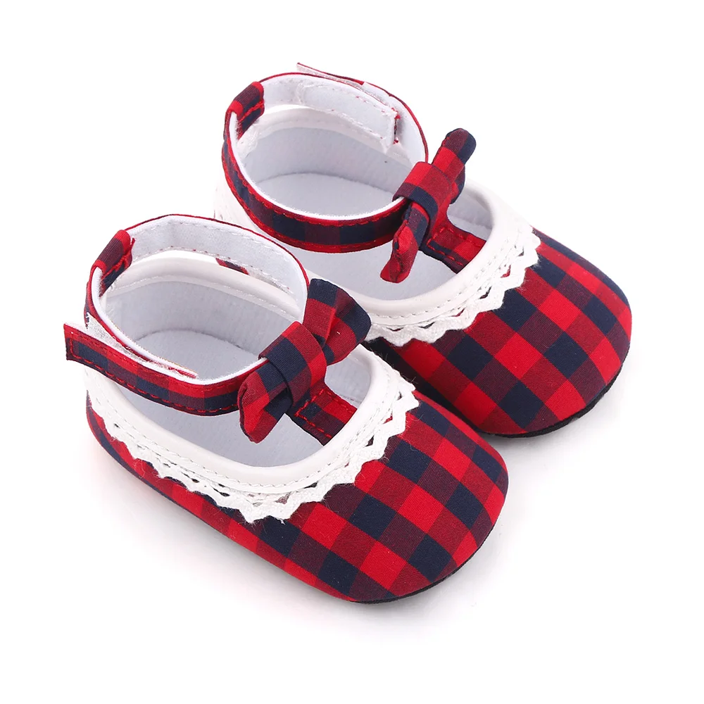 Color Matching Plaid Bow Wavy Lace Soft Soled Baby Girls Cute Princess Toddler Shoes manufacture