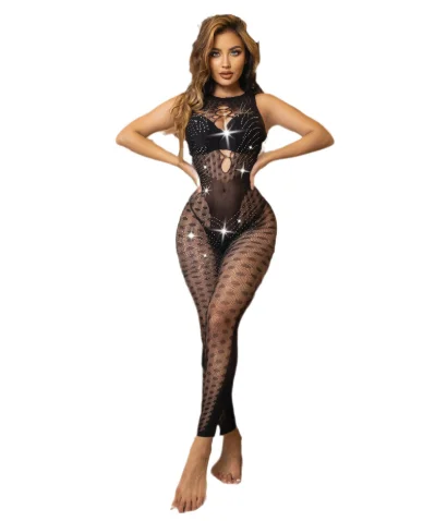 Women Sexy Fishnet Bodysuit Rhinestone Mesh Dress Sparkle Strap Stretch