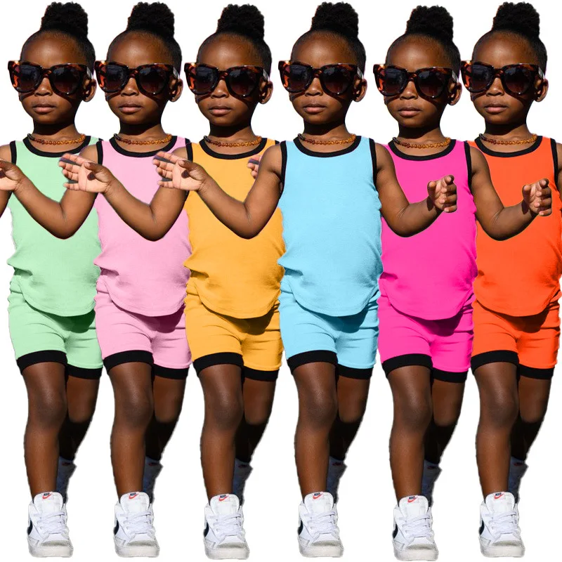 Wholesale summer girls clothing candy-color vest tops shorts 2pcs casual toddler outfits kids clothing sets