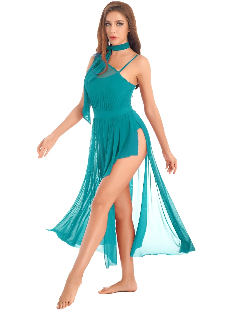 Hot Sales Womens Split Sheer Mesh Dress Asymmetrical Shoulder Straps Sleeveless Lyrical Dance 2313