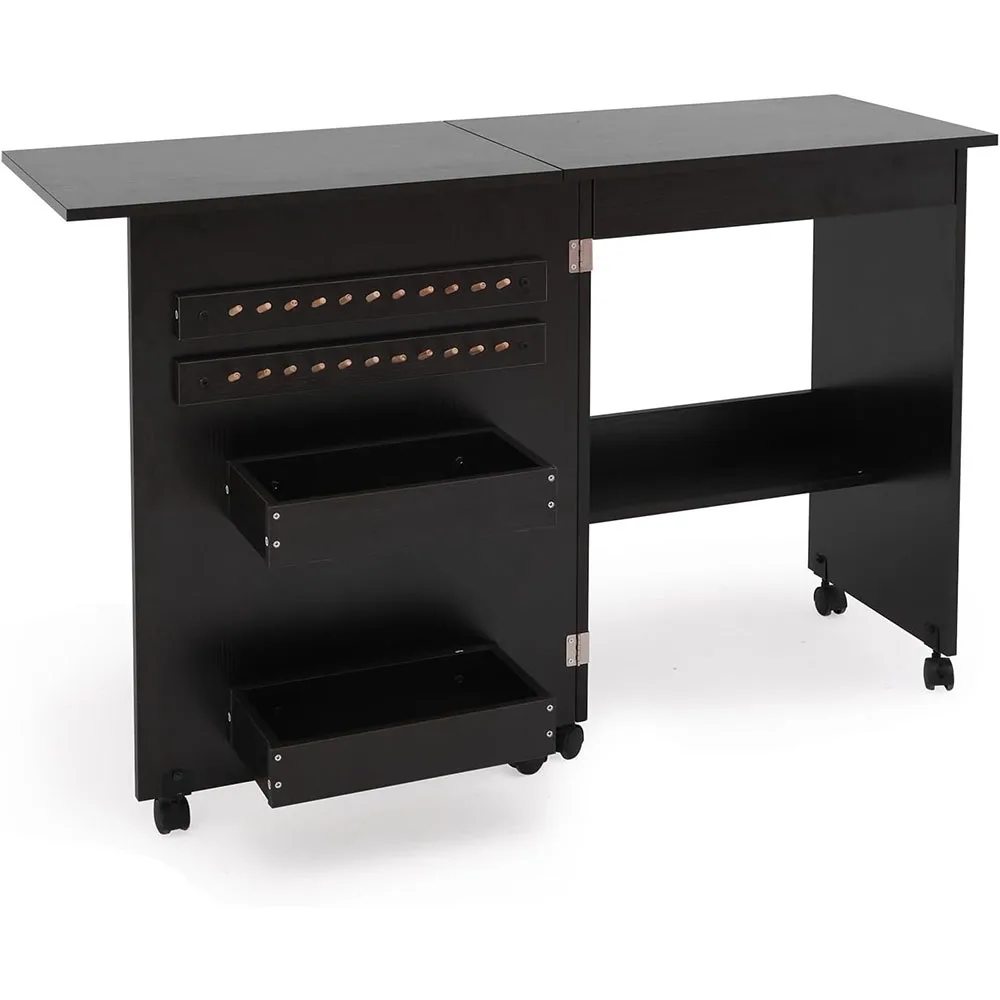 Modern Designed Dark Brown Folding Sewing Table Wood Panel Multipurpose Craft Station & Side Desk Compact Design Wheels Locks factory