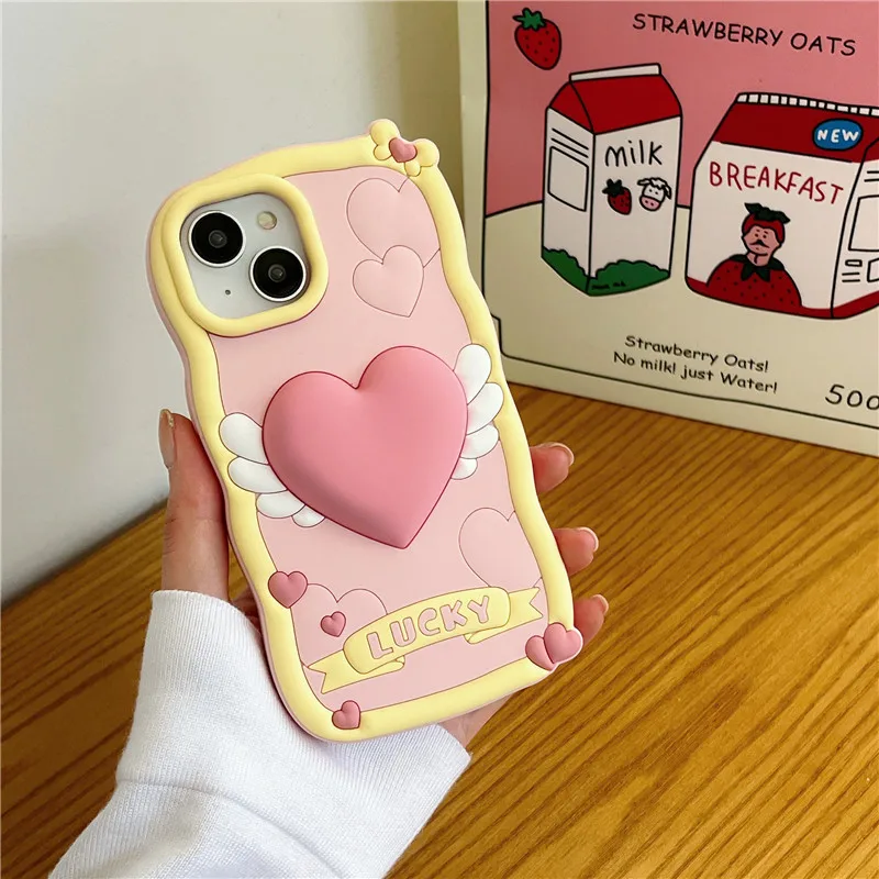 3D Lucky Love Wings Cream Shell Mobile Back Cover Silicone Cartoon Phone Case for Apple iPhone 15 14 13 12 pro max 11