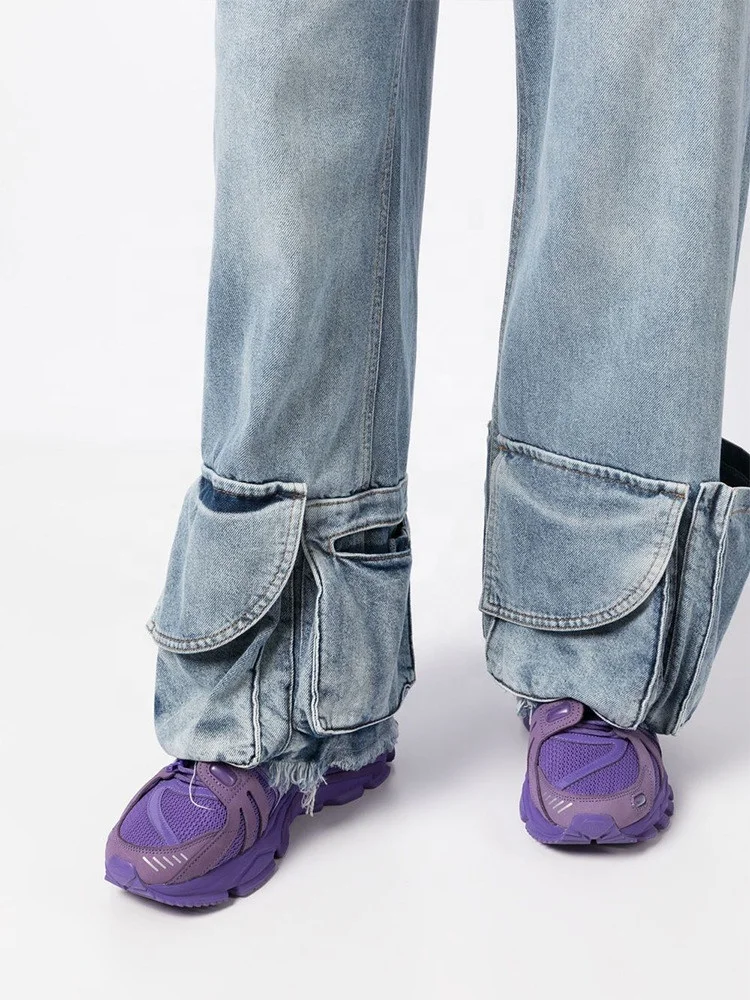 Streetwear Multiple Pockets on Bottom of Leg Straight Cargo Denim Pants Women Middle Waist Loose Baggy Jeans