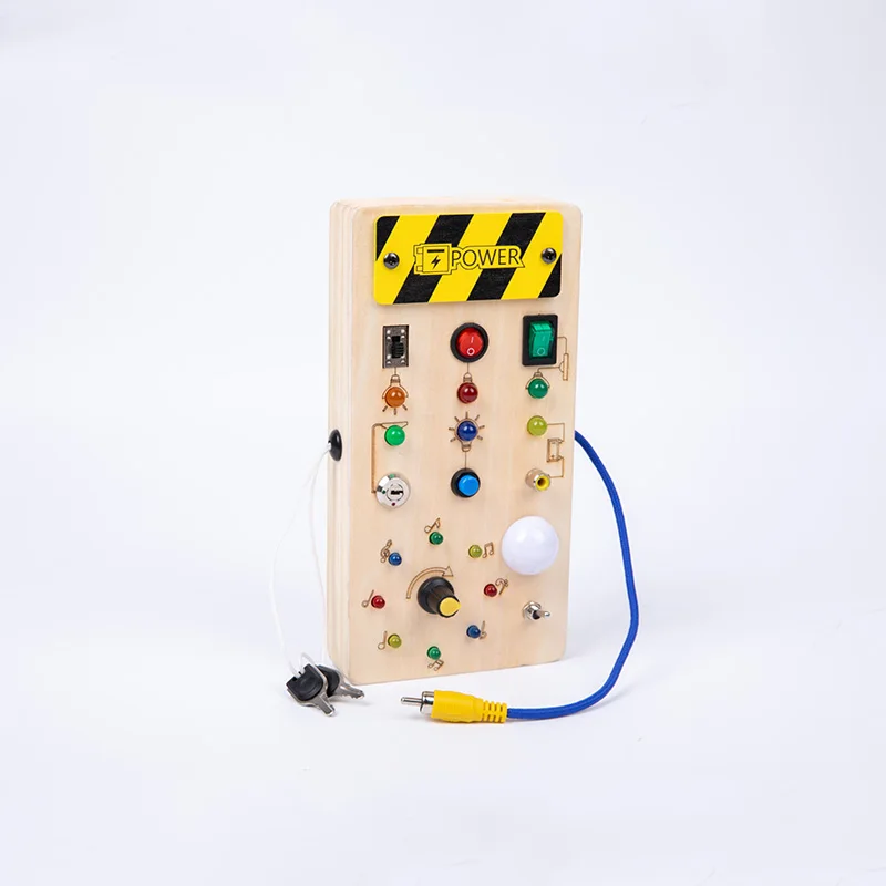 Hochwertiges Lernspielzeug für Kinder, elektronisches LED-Licht, Baby-Sensory-Busy-Board aus Holz, Montessori-Spielzeug für Kleinkinder, Details