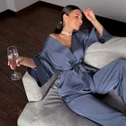 Suit Silk Autumn Loose Pajamas Suit Long Sleeve Cardigan Slacks Women Lace Up Silk Satin Sleepwear Sets