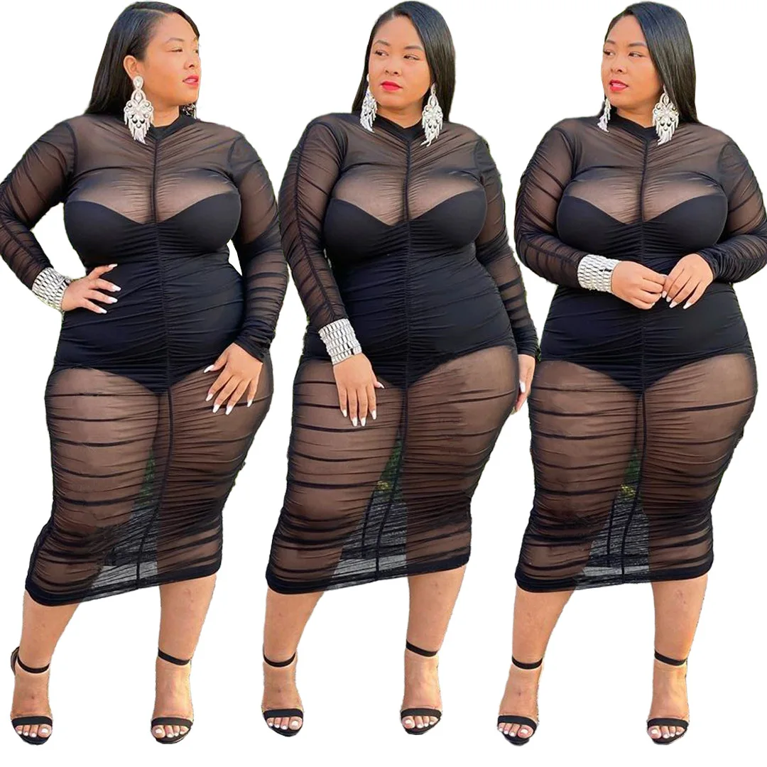 Mesh Pleated Sexy Plus Size Women Dress 