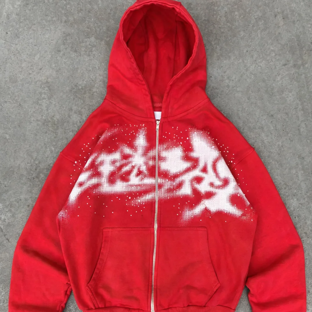 product wholesale mens gradient halftone rhinestone zip hoodie vintage loose red black street zip hoodiesmall moq custom-3