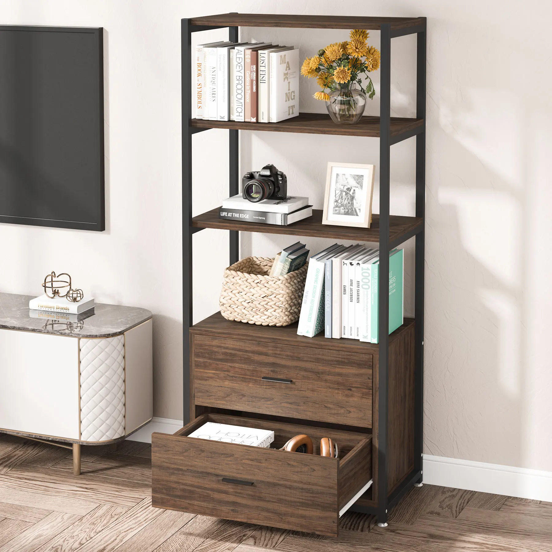 Industrial Bookcase with File Cabinet Drawers Tall 5 Tier Bookshelf Storage Home Office Cabinets Organizer
