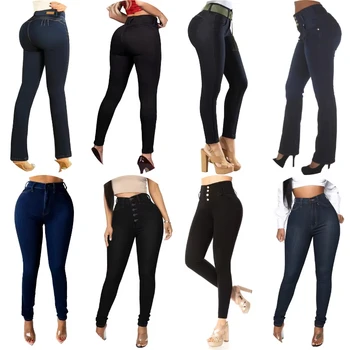 Wholesale custom high waist women's jeans with embroidery decoration long leg pants hip lifting jeans