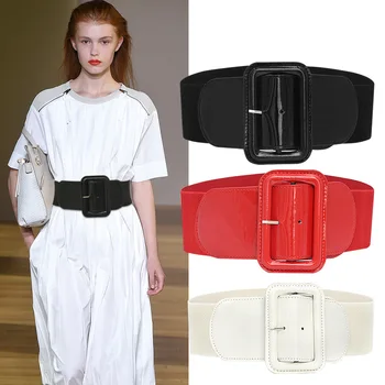 Wide Corset Belts With Leather Wrap Plastic Buckle Red Brown Black Elastic Belts with Fur Trench Coat,