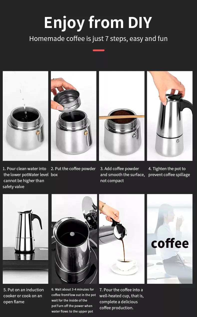 2023 Moka Pot Induction Coffee Pot Stainless Steel Stovetop Espresso