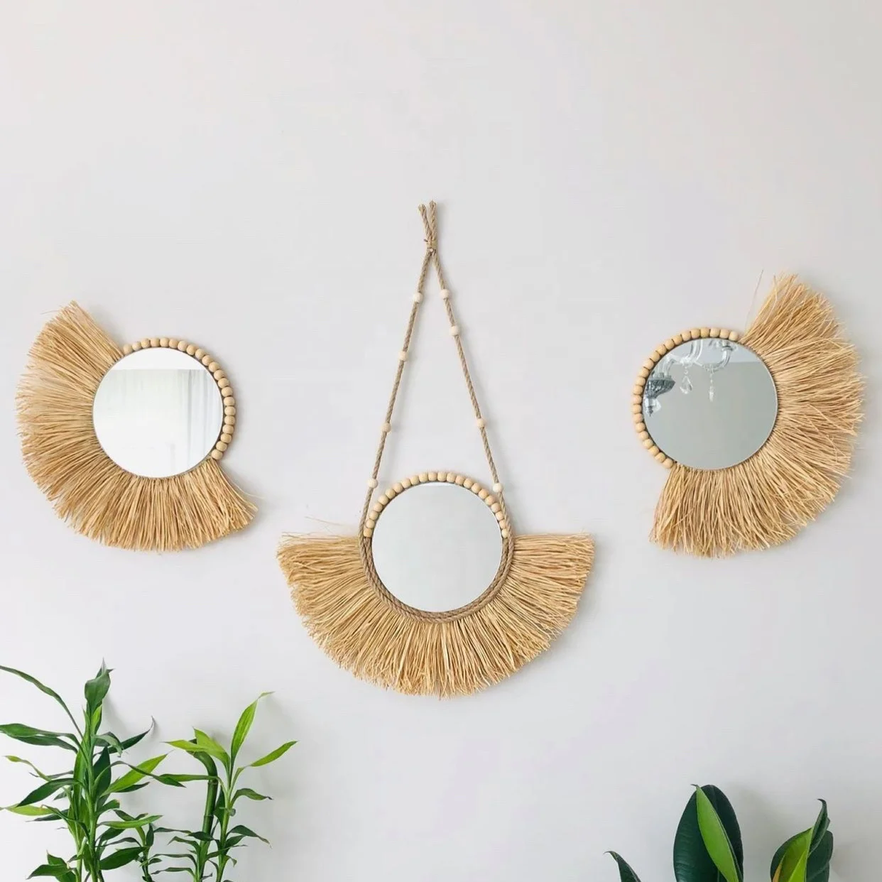 Handwoven seagrass wall mirror unique straw mirror decor wall decorative mirror