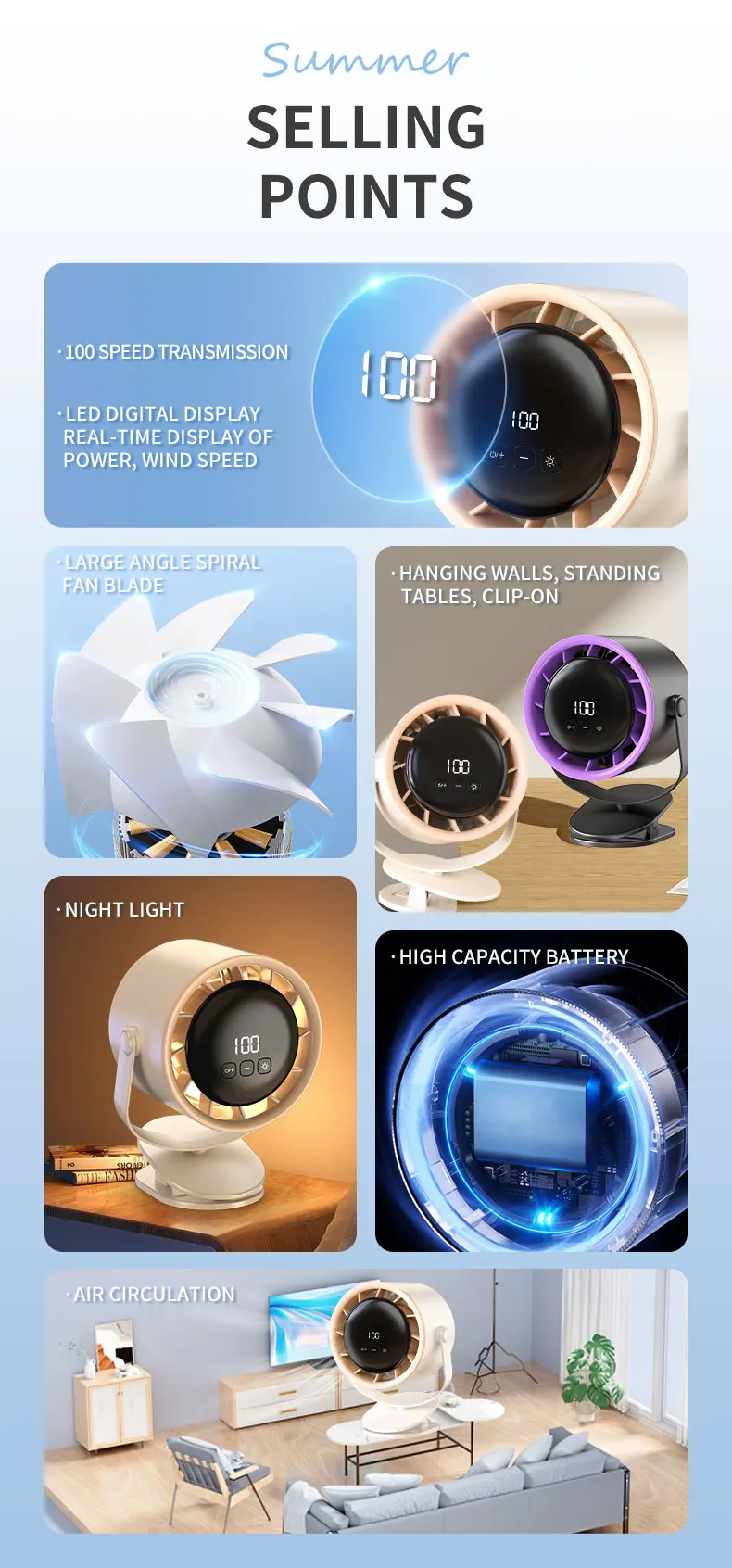 Rechargeable Mini Clip Fan, USB, 4000mAh - detail 4