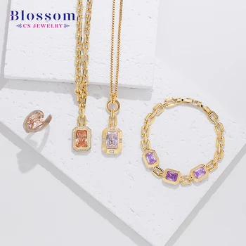 Blossom CS Jewelry Square Gemstone 925 Sterling Silver Pendant Necklace Bracelet Zirconia Gold Plated Fine Jewelry Set For Women