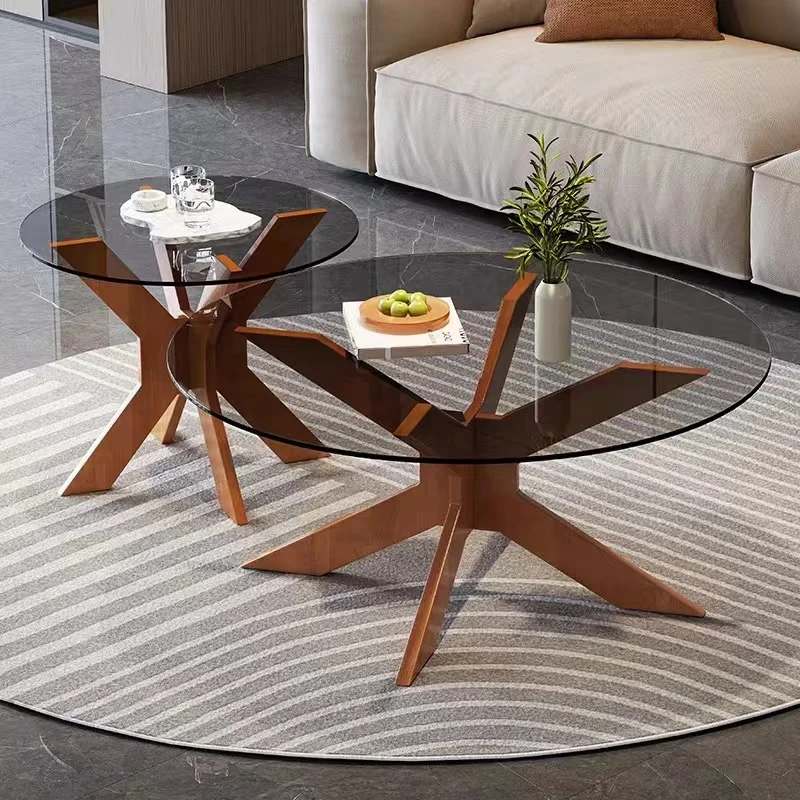 Contemporary Round Modern Glass Walnut Center Coffee Table with Solid Wood Legs for Small Space in Living Room