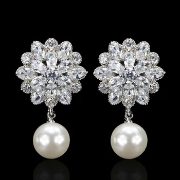 Brides Wedding earrings Iced S925 Silver Pearl Drop Sun Flower Snowflake Cubic Zirconia Earrings for women