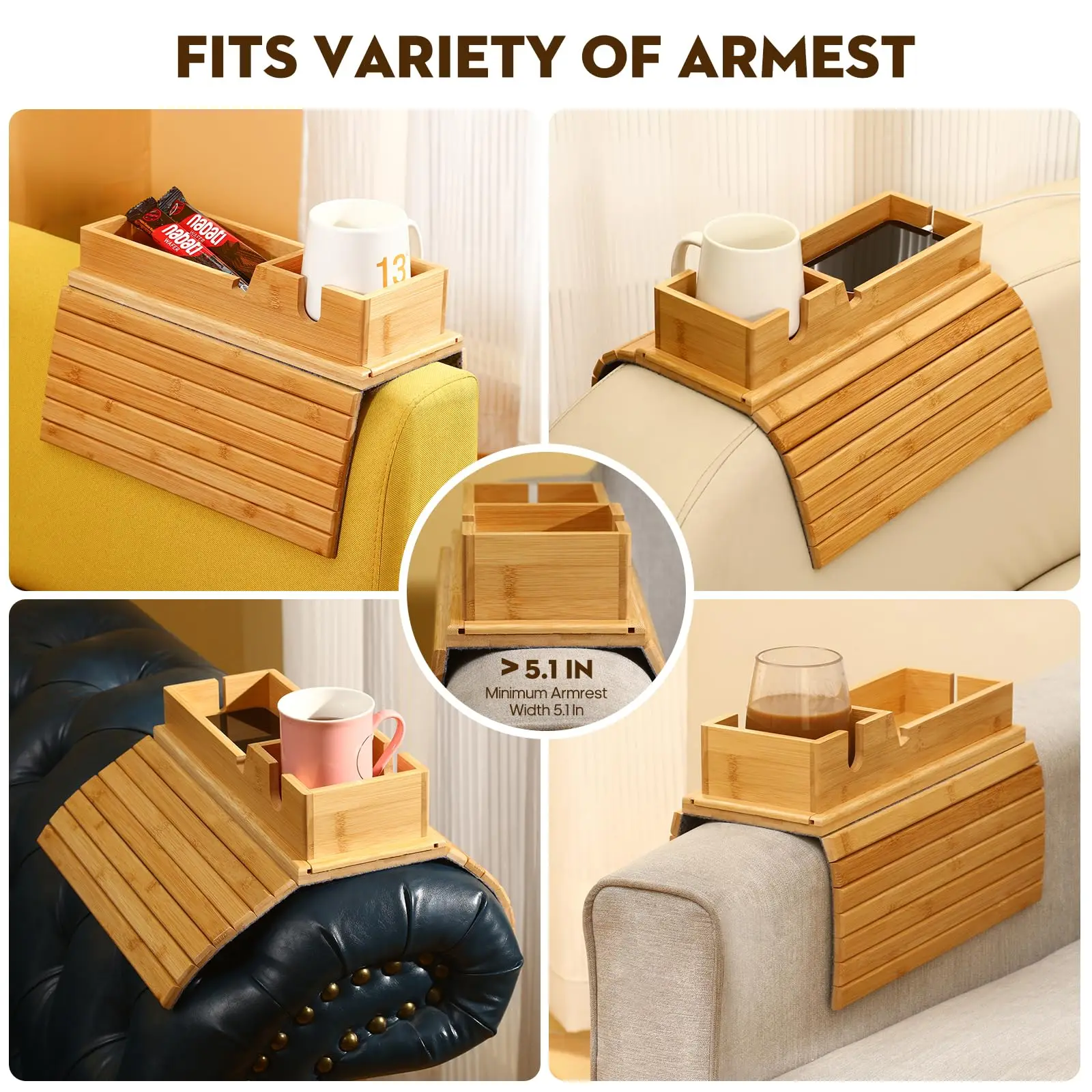 product 2 in 1 bamboo sofa armrest tray detachable cup holder anti fall tray foldable design for phone snacks remote storage trays-9