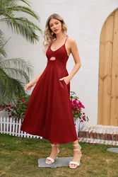 YingTang 2023 summer women's Printed Sling Dress Summer Hollow Dress Vacation Travel Dress Women Casual