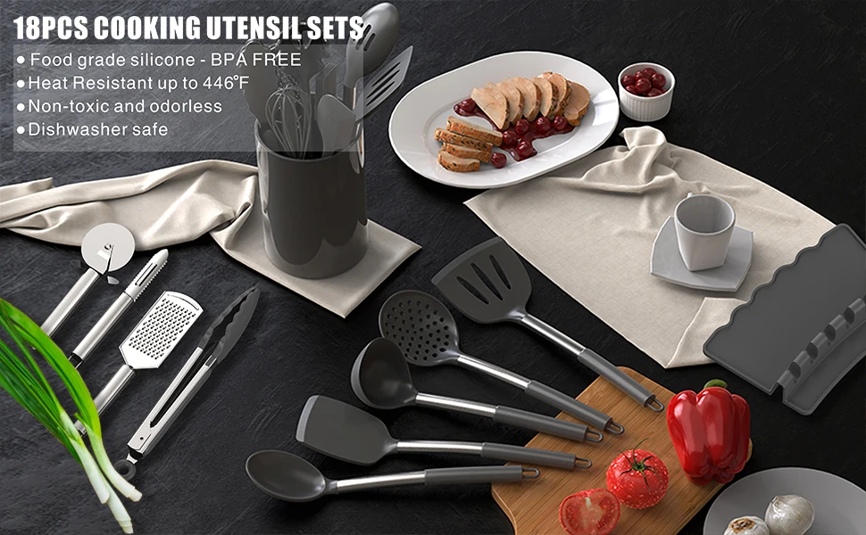 2021 American Hot Sell 18pcs Silicone & Stainless Steel Utensils Set Kitchen Accessories Kitchenware