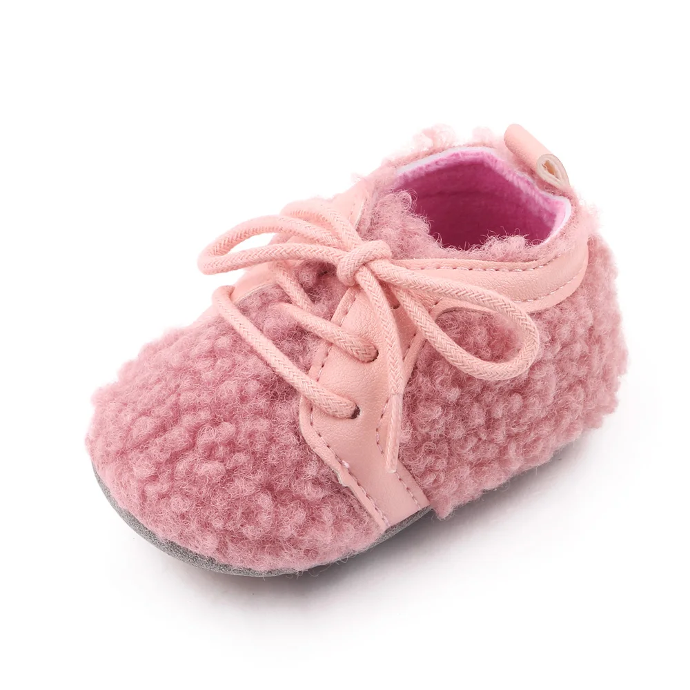 PU Leather Solid Color Plush Front Lacing Cute Warm Baby Soft Soled Toddler Cotton Shoes details