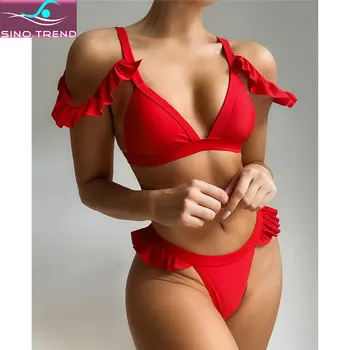 SINO.TREND New Sexy Off Shoulder Ruffled Bikini Set 2022 Female Red Swimsuit Women Two-pieces Bather Swimwear Bathing Suit Swim