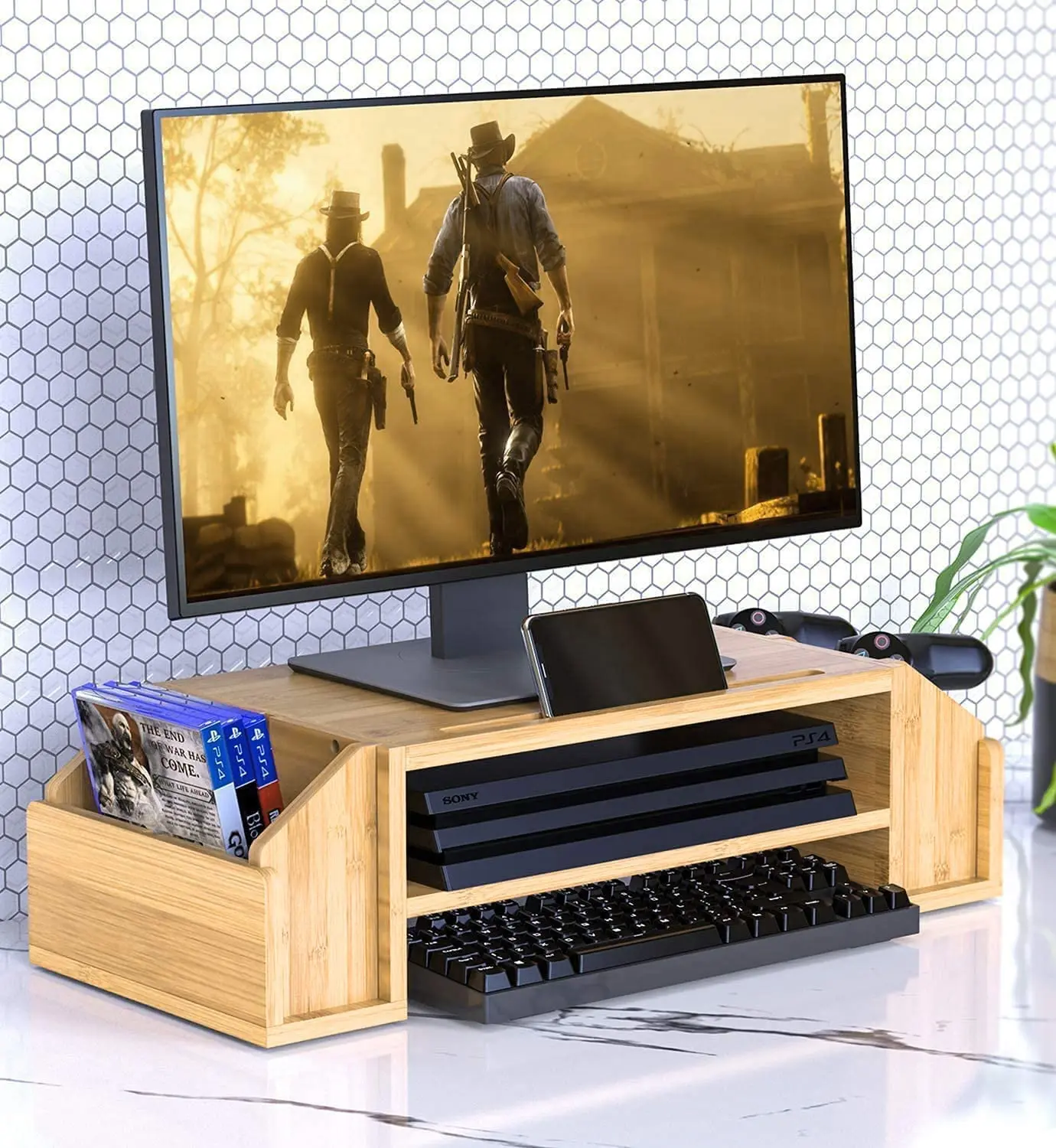 Bamboo Monitor Stand 2 Tiers Computer Monitor Riser With 4 Pockets