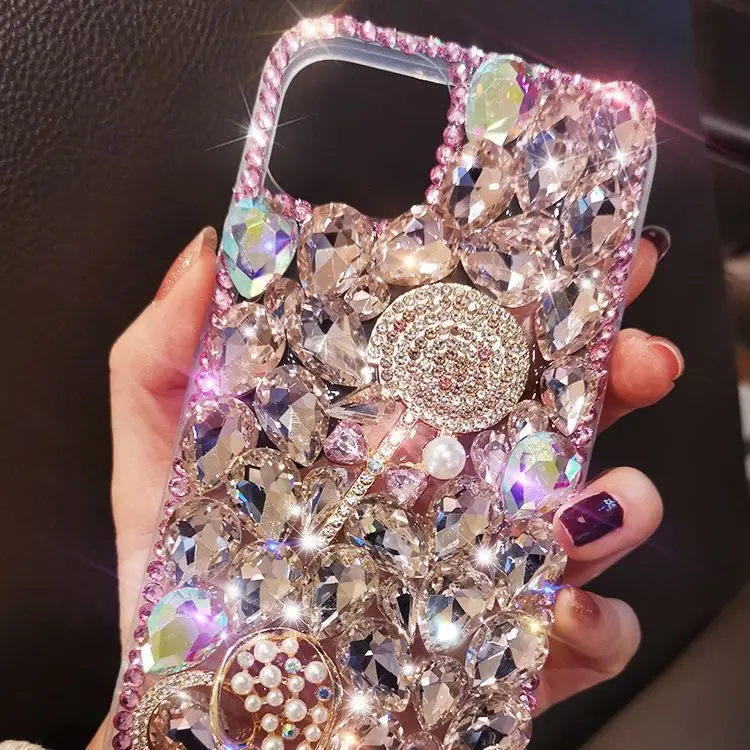 Luxury Glitter Rhinestone Bling Lollipop Phone Case with Strap for iPhone 15 14 12 11 pro max Samsung S24 S23 A13 A54