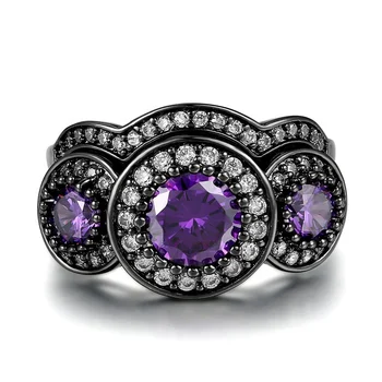 Luxury Fashion Jewelry Finger Ring Sets Round Cut Cubic Zirconia Purple Diamond Black Gold Colour Rings Set For Women DD049