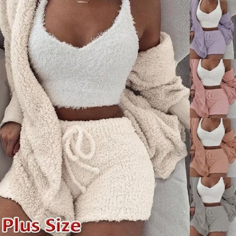 Winter plush home casual three piece pyjamas for women set long sleeve crop vest and shorts sets