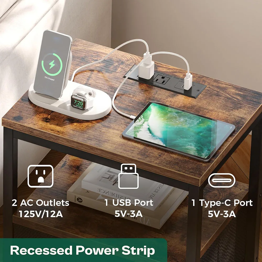 Modern Home Nightstand with Smart Charging Station Fabric Drawers Open Shelf USB Ports Outlets Wooden Panel Bedside Table manufacture