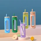 Bottle 600ml Clear Glass Tumbler Drink Glass Water Bottle Tea Coffee Cup With Plastic Straw Silicone Sleeve Bamboo Lid