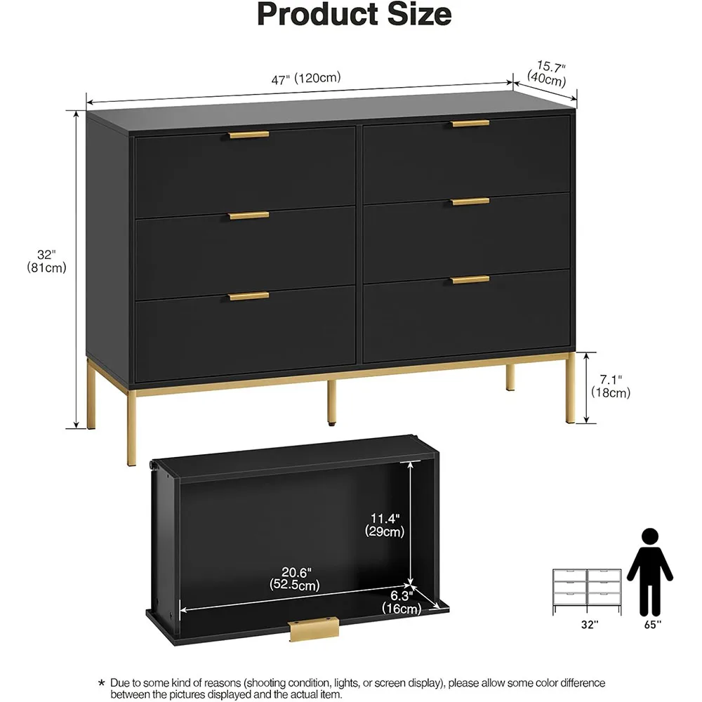 Modern 6-Drawer Dresser with Golden Handles Black Wood Storage Closet Organizers for Bedroom & Living Room factory