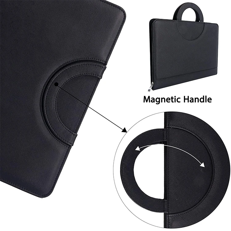 A4 Black Zippered Business Portfolio Leather Travel Document Holder Padfolio Organizer File Folder With Hidden Handle details