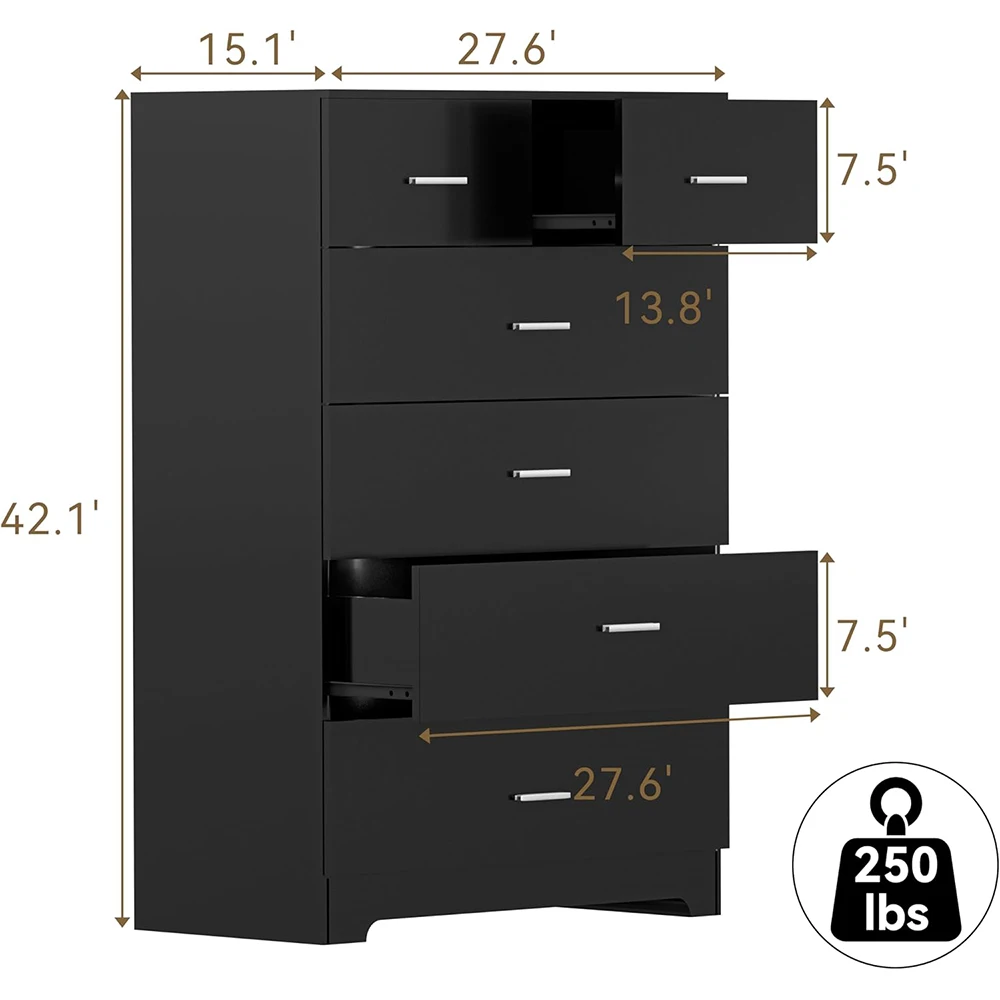 product nu deco mh25809 6 drawer wooden modern dresser with power outlets black tall storage smooth metal rail for bedroom-8