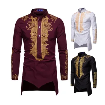 Slim Fit Dashiki African. Men Clothes Black Golden Printed Long Sleeve Men'S Shirts Traditional Muslim Clothing&accessories/