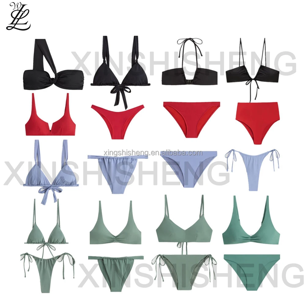 2024 Custom Metal Logo Bikini Solid Color Swim Triangle Top Tie Bottoms