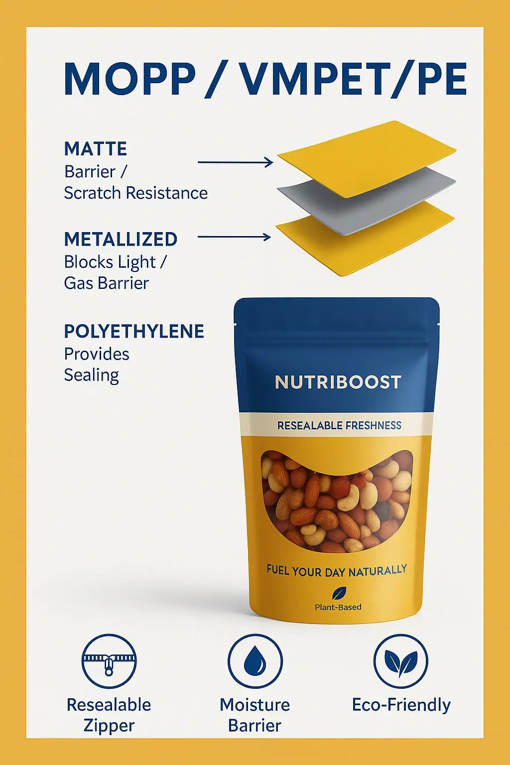 Custom Printed Matte Finish High-Barrier Mylar Stand up Pouch with Resealable Zipper for 500g Nuts, Snacks, and Coffee - detail 4