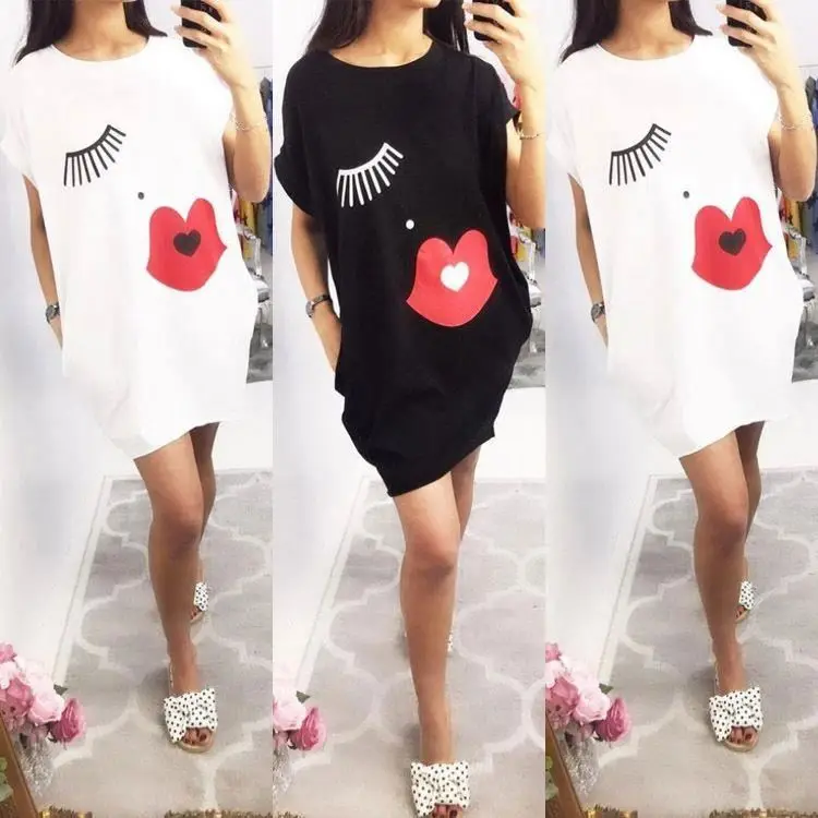 2019 Latest Designs printing Short Sleeve Casual T-shirt Dress for Women