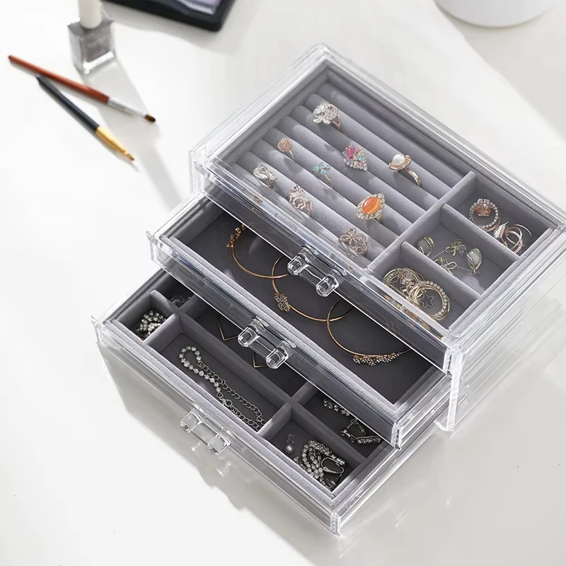 Transparent Plastic Acrylic Desk Organizer Necklace Bracelet Ring Box Drawer Storage Velvet Jewelry Case