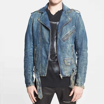 Custom Men Fashion Casual Comfortable Distressed Streetwear Vintage High Street Blue Ripped  Denim Biker Jacket