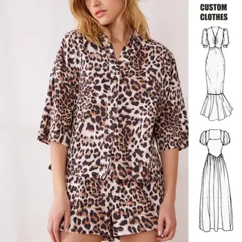 Summer  fashion women's sleepwear lapel single-breasted Leopard Print Blouse & Shorts 2 Set Robes Custom Pajamas For Women Set